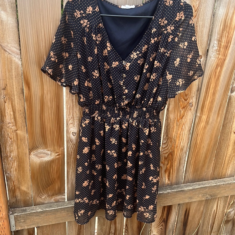 Black with brown floral and polkadot dress